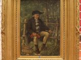 a painting of a man sitting on a bench by a fence