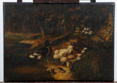 a painting of ducks and ducks in the water