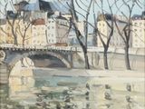 painting of a painting of a bridge over a river with buildings in the background