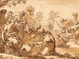 an image of a drawing of a group of people in a wooded area