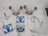 a marble table with blue and white items on it