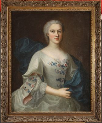 a painting of a woman in a white dress holding a blue shawl