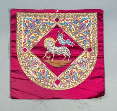 a pink banner with a picture of a goat on it