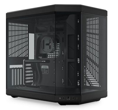 a close up of a black computer case on a white surface