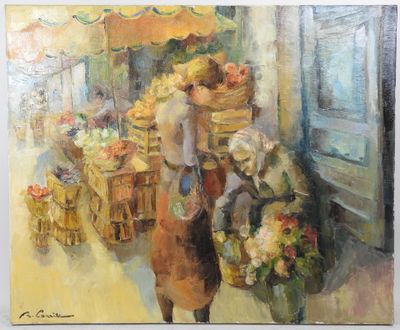 un tableau représentant une femme debout devant un étal de fruits