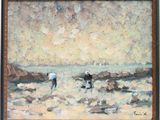 une peinture à l'huile représentant un couple sur une plage