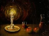 une peinture représentant une bougie allumée posée sur une assiette, à côté de pommes