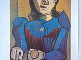 painting of a woman in a blue dress and hat holding a cup
