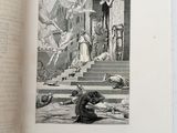an open book with a drawing of a man kneeling on the ground