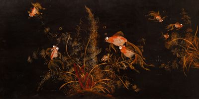 a painting of goldfishs in a pond of water