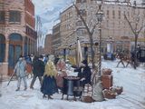 une peinture représentant une scène de rue avec des personnages et un bus en arrière-plan