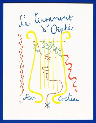 une image représentant un dessin d'une harpe, accompagnée de l'inscription « Le Testament d'Orphée »