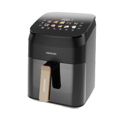 a close up of a black air fryer on a white background
