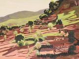 une peinture à l'huile représentant un paysage vallonné avec des arbres sur le flanc d'une colline