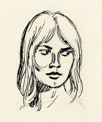 dessin représentant le visage d'une femme, réalisé à l'encre noire sur du papier blanc