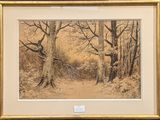 painting of a wooded scene with trees and a path in the foreground