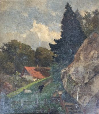 une image représentant une peinture d'une maison et d'une vache dans un champ