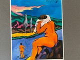 an image of a painting of a woman sitting on a rock next to a body of water