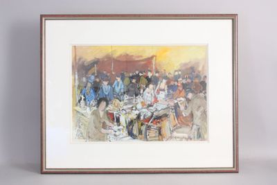 painting of a group of people sitting at a table in a restaurant