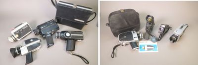 two pictures of a camera and a bag on the table