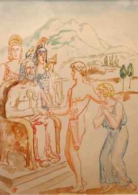 painting of a group of people standing around a statue in a field