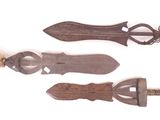 three different types of knifes are shown on a white surface