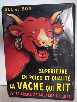 panneau métallique représentant une vache avec une cloche sur la tête