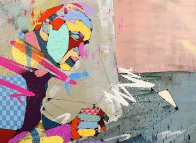 a painting of a man holding a skateboard on the side of a building