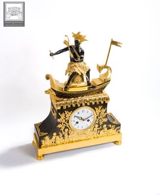 Importante pendule « Le chasseur amérindien sur pirogue »,