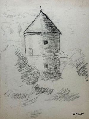 un vieux dessin représentant un petit bâtiment surmonté d'un clocher