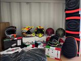 a box with a bunch of helmets on top of it