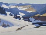 tableau représentant un paysage enneigé avec des maisons et des montagnes en arrière-plan