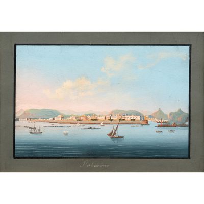 peinture d'une vue d'un port avec des bateaux dans l'eau