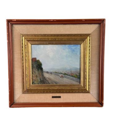 painting of a view of a road with a bridge in the distance