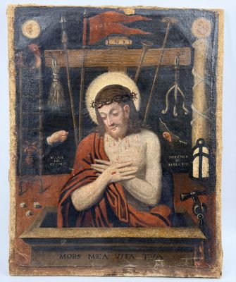 un tableau représentant un homme vêtu d'une robe rouge tenant une croix