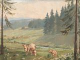 a painting of cows grazing in a field near a stream