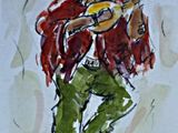 tableau représentant un homme jouant de la guitare et portant une veste rouge