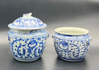 two blue and white vases sitting next to each other