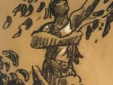 drawing of a man holding a branch of a tree in his hand