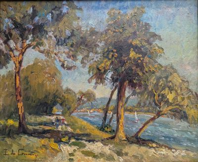 une peinture à l'huile représentant quelques arbres près d'un plan d'eau