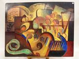 un tableau posé sur un chevalet, représentant une guitare et d'autres objets