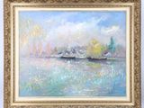 a painting of a boat in a body of water with trees in the background