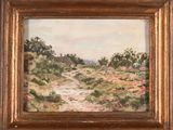 an oil painting of a landscape with a dirt road in the foreground