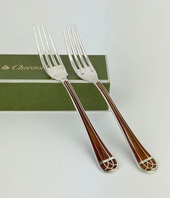 pair of silverware fork and spoons in a box on a white surface