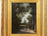 une peinture représentant une route dans une zone boisée, avec des arbres