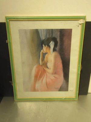 painting of a woman in a pink dress leaning against a wall