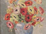 a painting of flowers in a blue vase on a table
