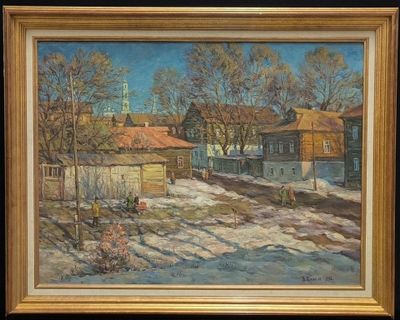 une peinture à l'huile représentant un village en hiver, avec de la neige au sol