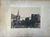 an old picture of a church with a steeple in the background