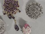 several different types of brooches are displayed on a table